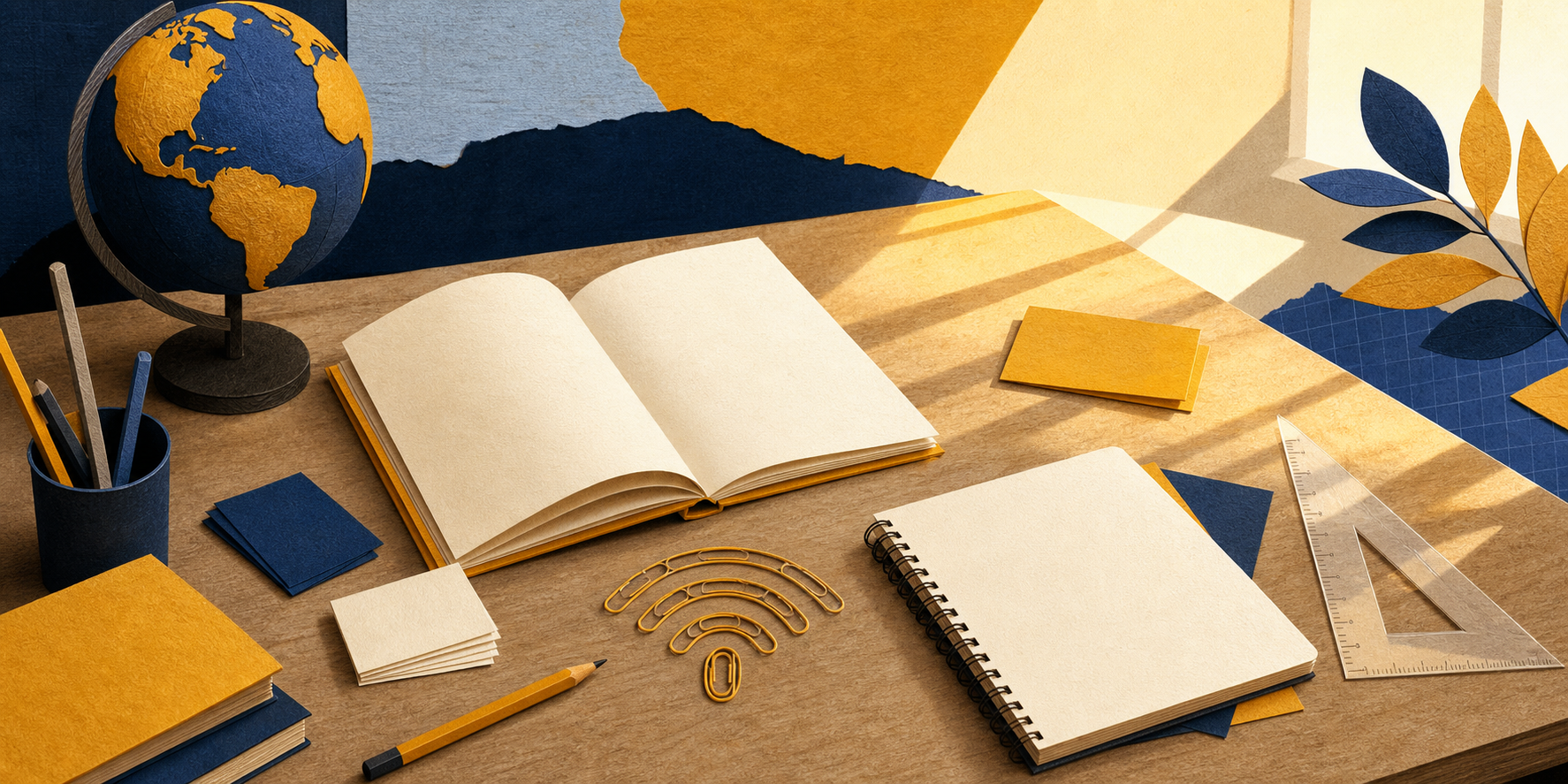 Bureau éducatif avec cahiers, fiches et outils de travail