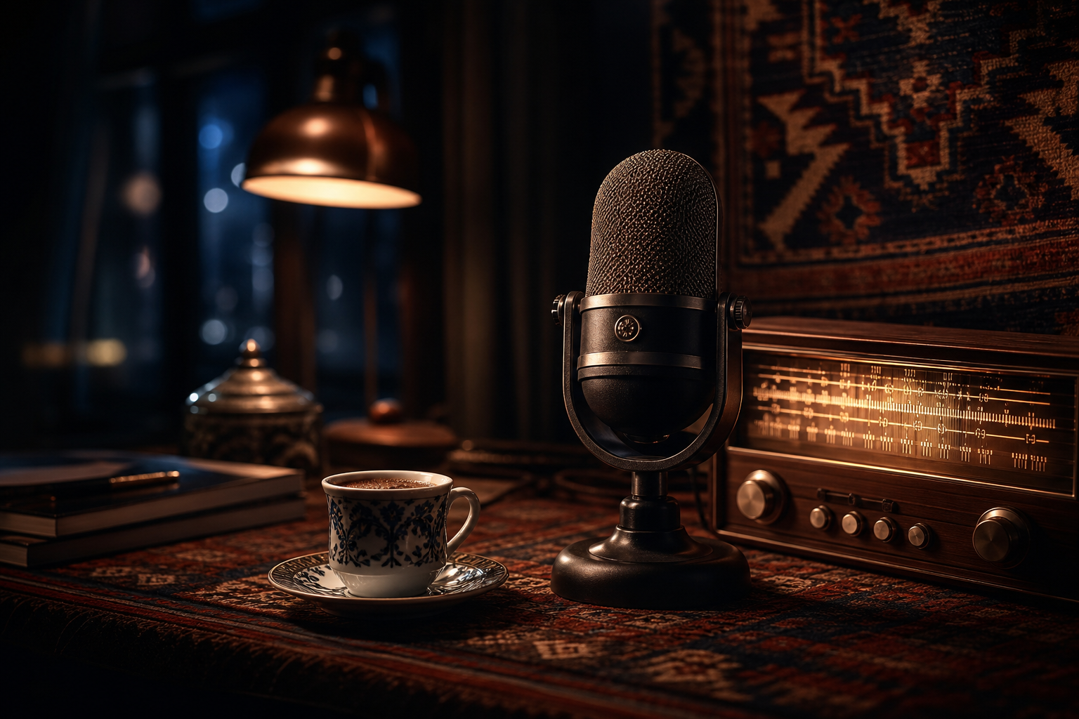 Microphone, radio et café turc sur un bureau éditorial
